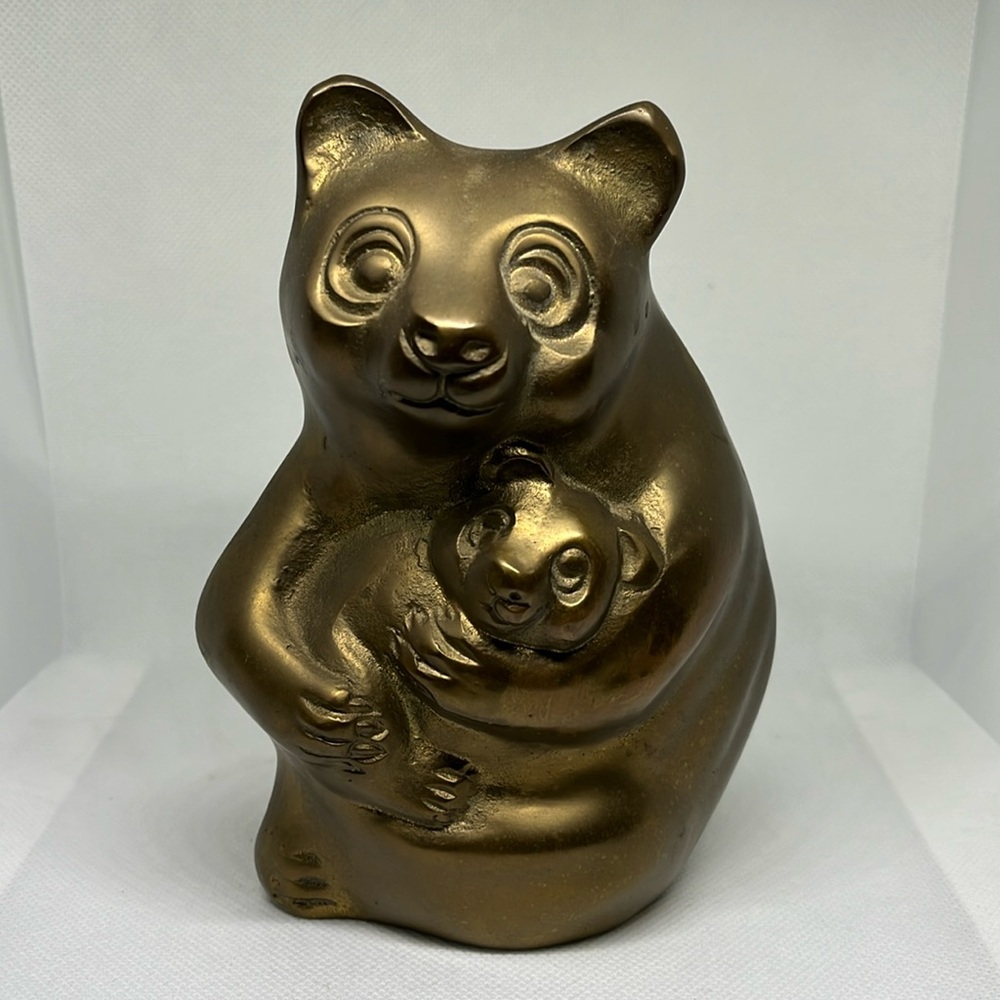 Vintage brass bear holding her cub figurine 5 3/4 inches tall